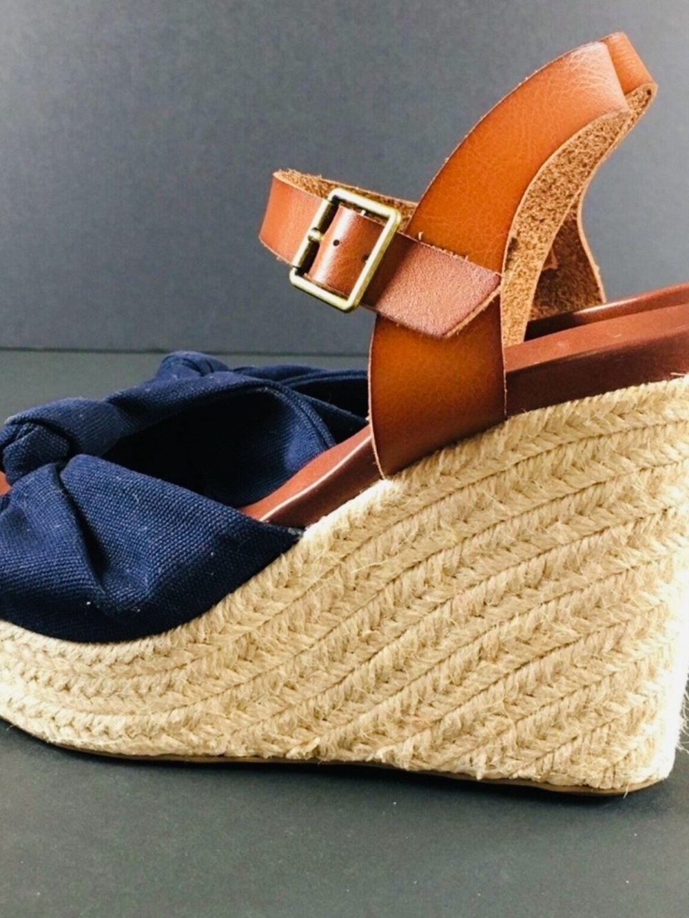MIA Navy Lorryan Knot Espadrille Wedge Sandals with Tan Ankle Strap - Picture 4 of 10